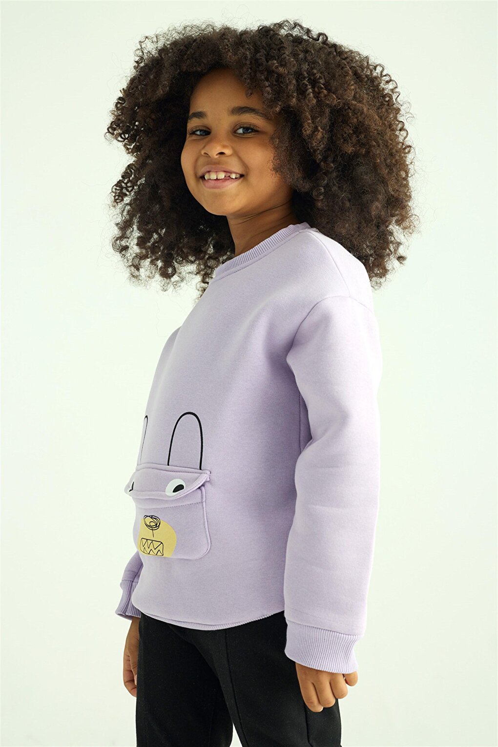 Children's Lilac Colored Kangaroo Pocket Bear Detailed Sweatshirt