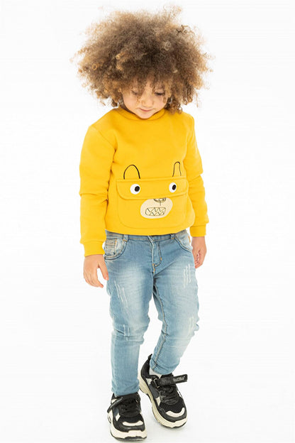 Children's Mustard Colored Kangaroo Pocket Bear Detailed Sweatshirt