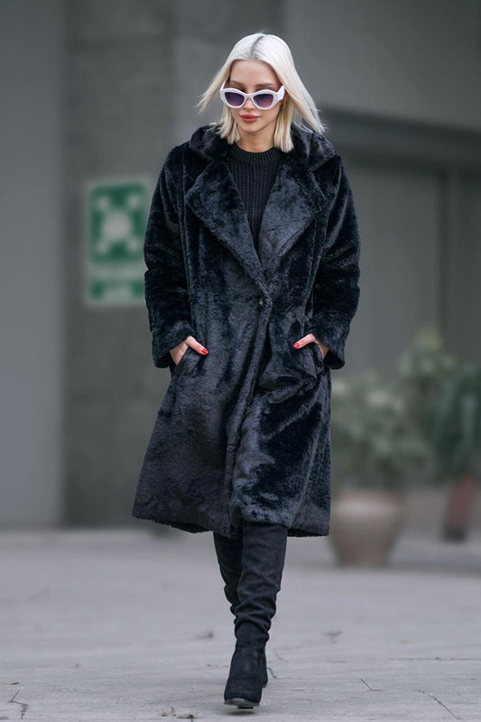 Black Soft Textured Plush Coat