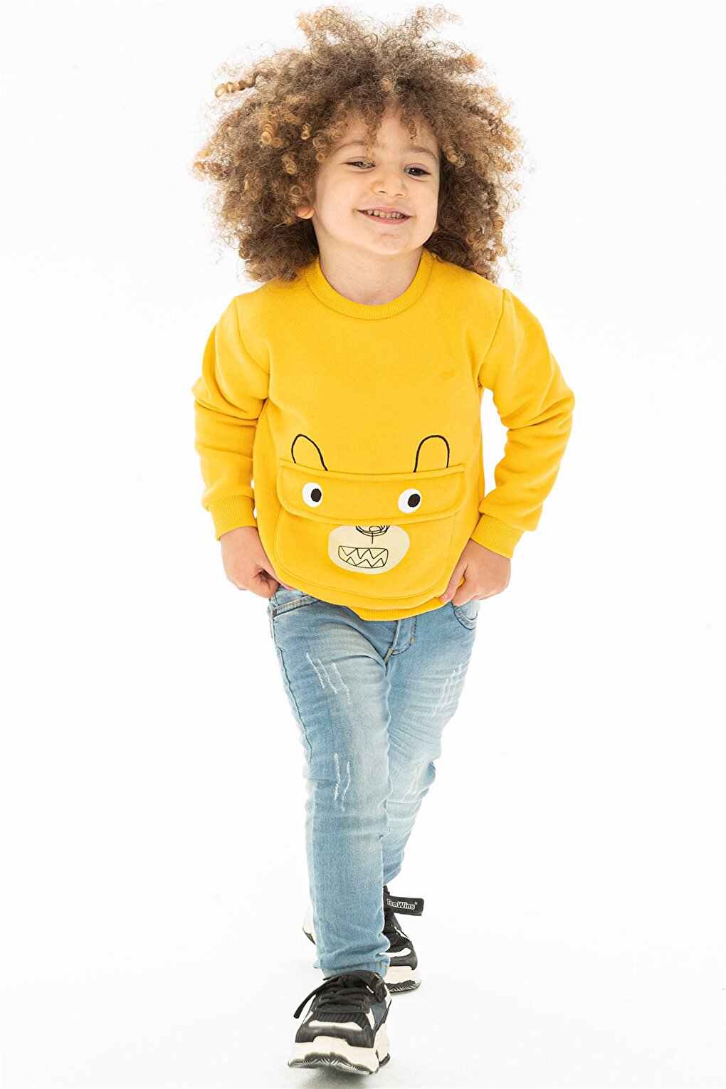 Children's Mustard Colored Kangaroo Pocket Bear Detailed Sweatshirt