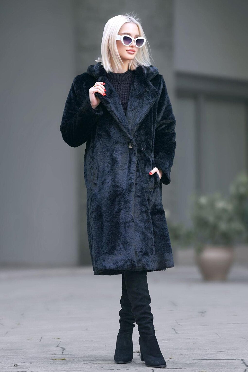 Black Soft Textured Plush Coat