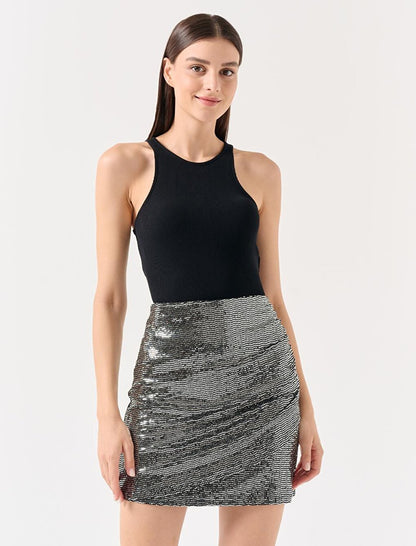 Silver Straight Cut Normal Waist Ribbed Mini Skirt