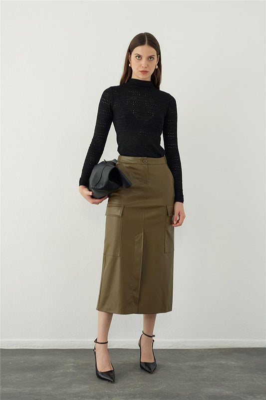 Green Leather Look Pocket Detailed Midi Skirt