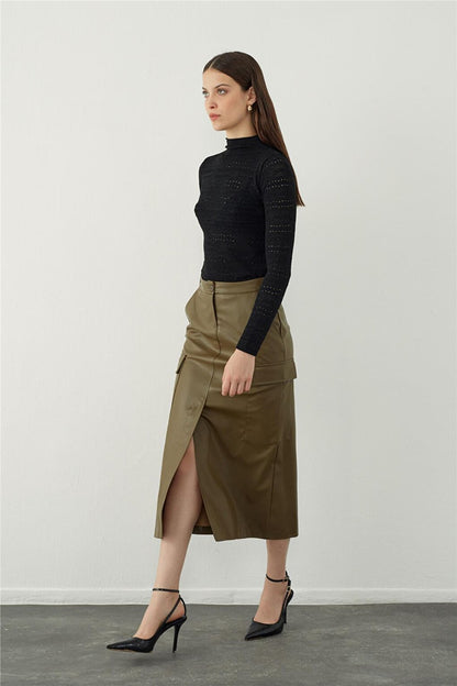 Green Leather Look Pocket Detailed Midi Skirt