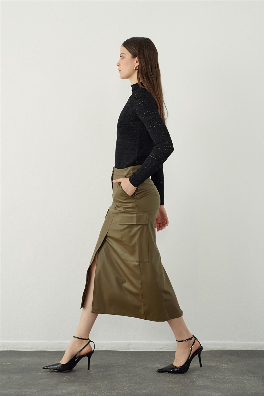 Green Leather Look Pocket Detailed Midi Skirt