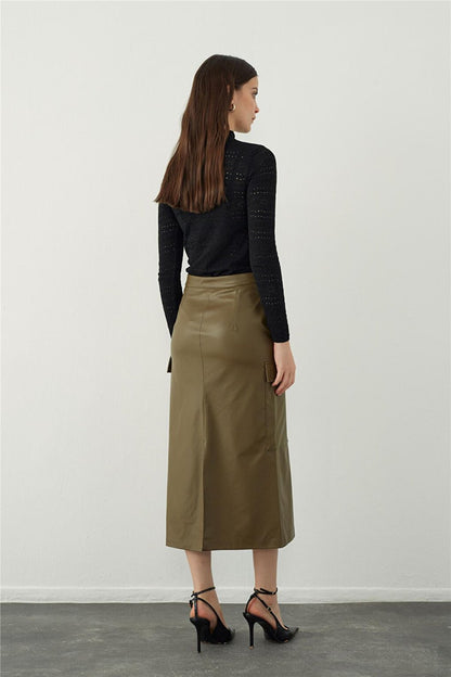 Green Leather Look Pocket Detailed Midi Skirt