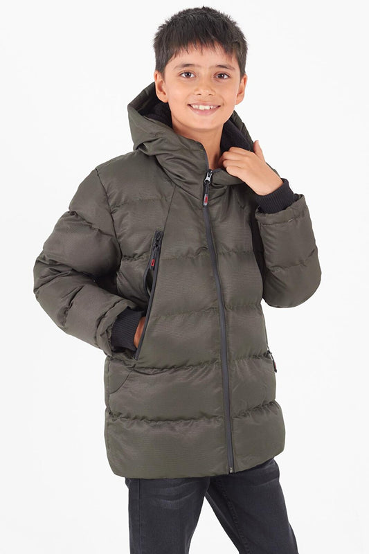 Boy's Coat Black Zippered Hooded Puffer Coat 14536