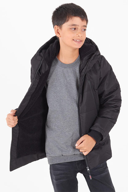 Boy's Coat Black Zippered Hooded Puffer Coat 14536