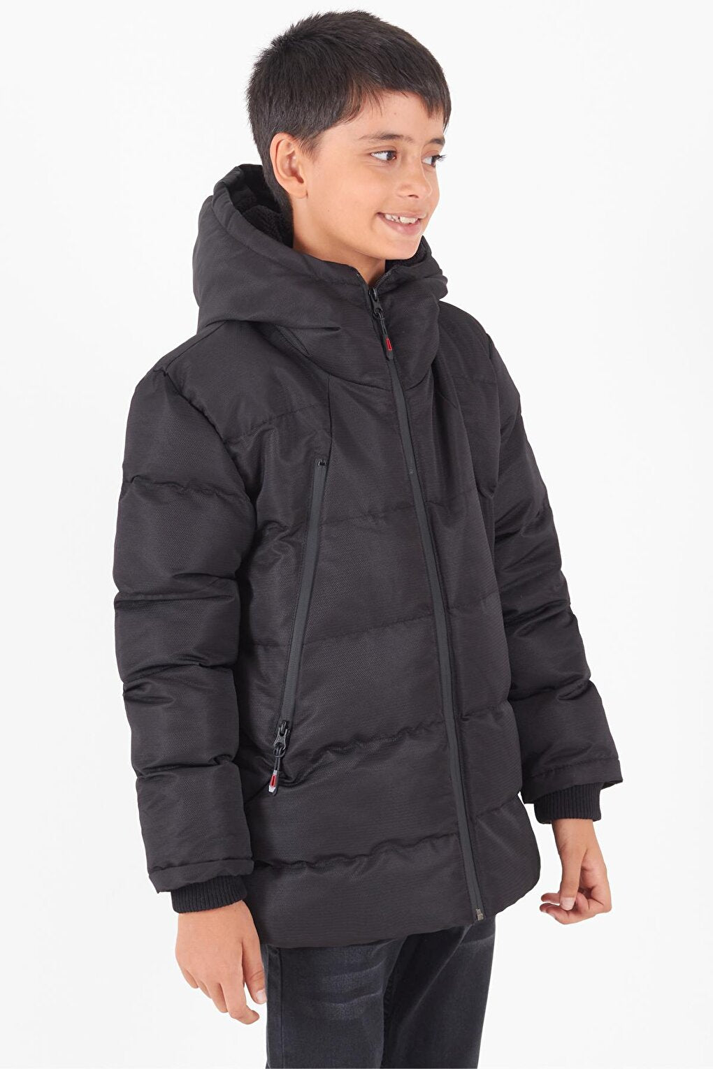 Boy's Coat Black Zippered Hooded Puffer Coat 14536