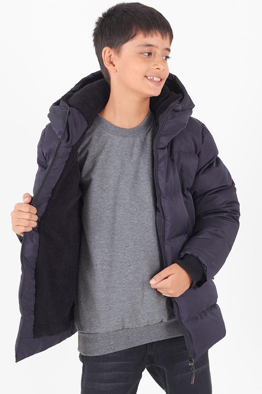 Boy's Coat Black Zippered Hooded Puffer Coat 14536