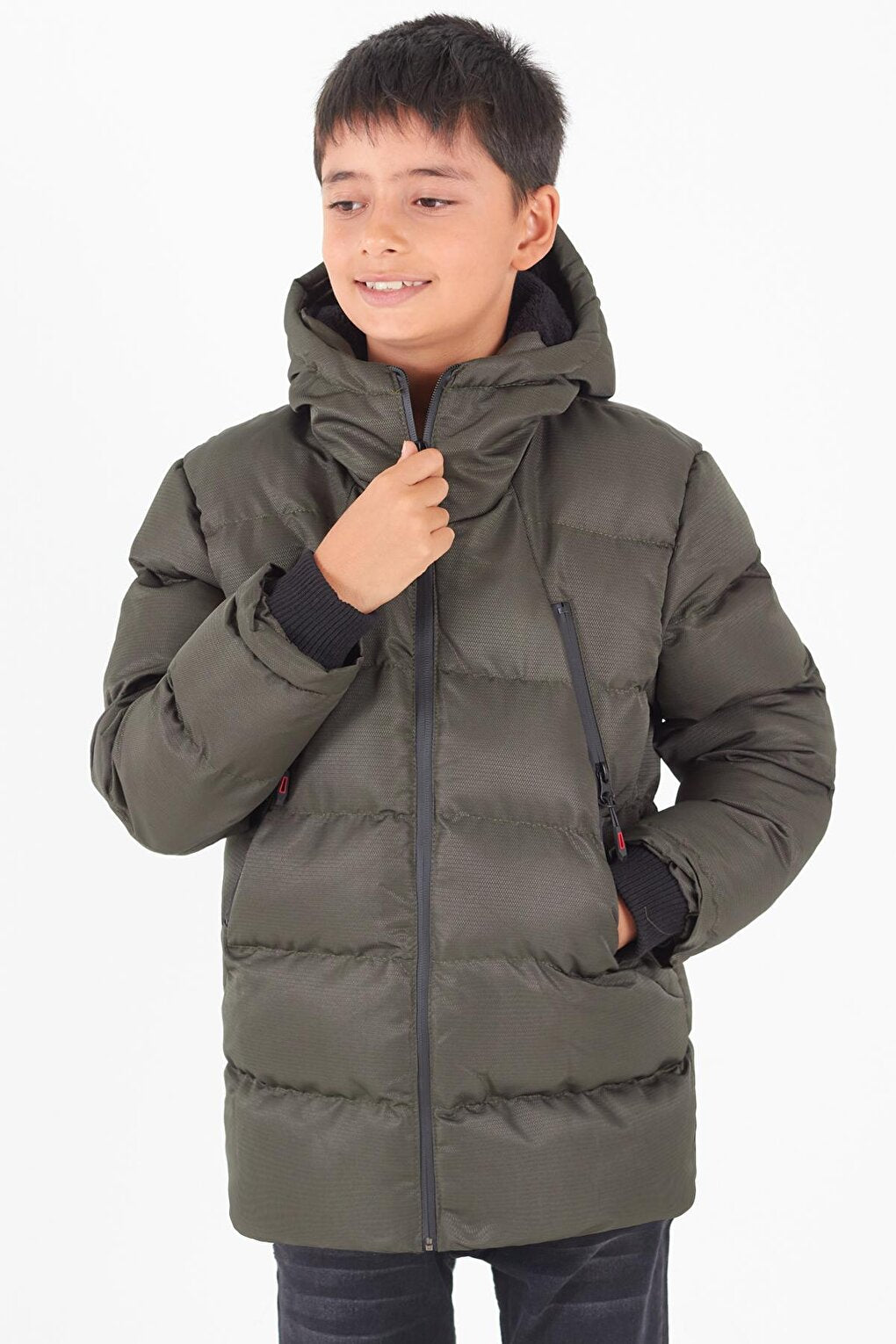 Boy's Coat Black Zippered Hooded Puffer Coat 14536