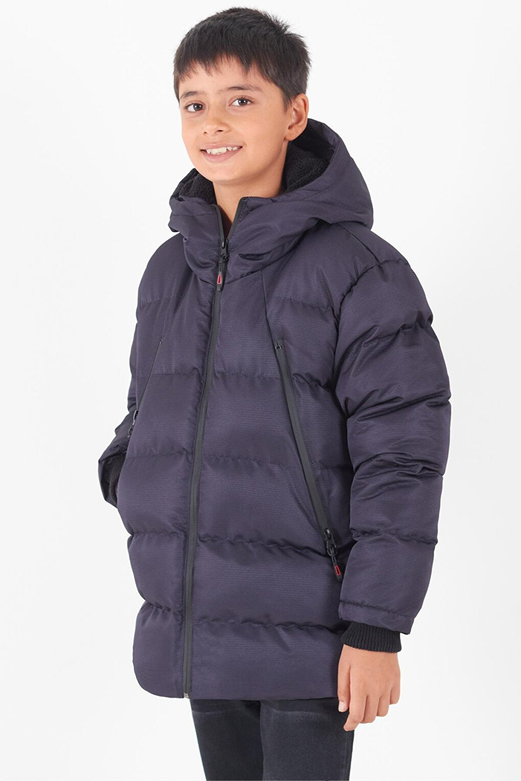 Boy's Coat Black Zippered Hooded Puffer Coat 14536