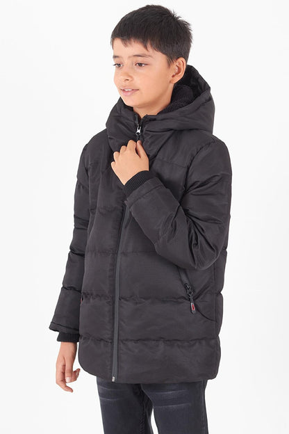 Boy's Coat Black Zippered Hooded Puffer Coat 14536