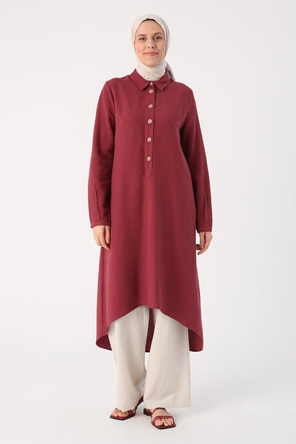 Cherry Shirt Collar Back Long Linen Tunic