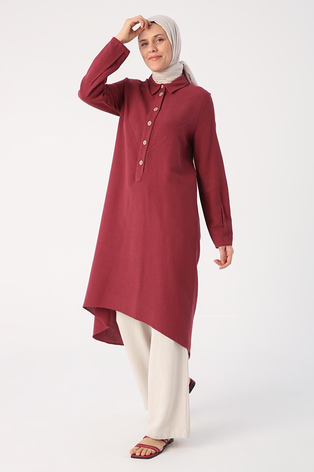 Cherry Shirt Collar Back Long Linen Tunic