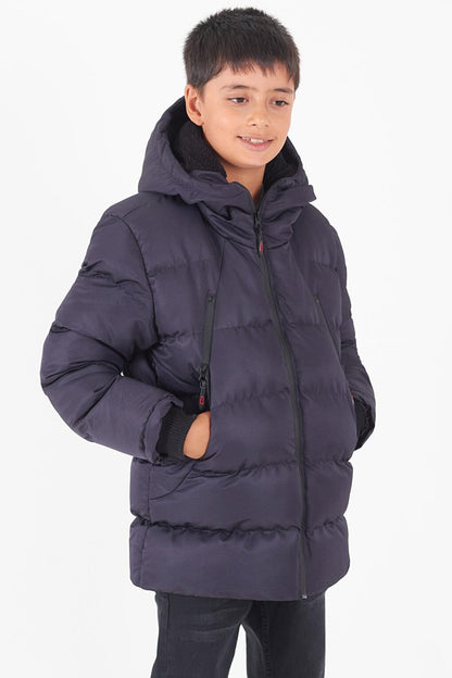 Boy's Coat Black Zippered Hooded Puffer Coat 14536