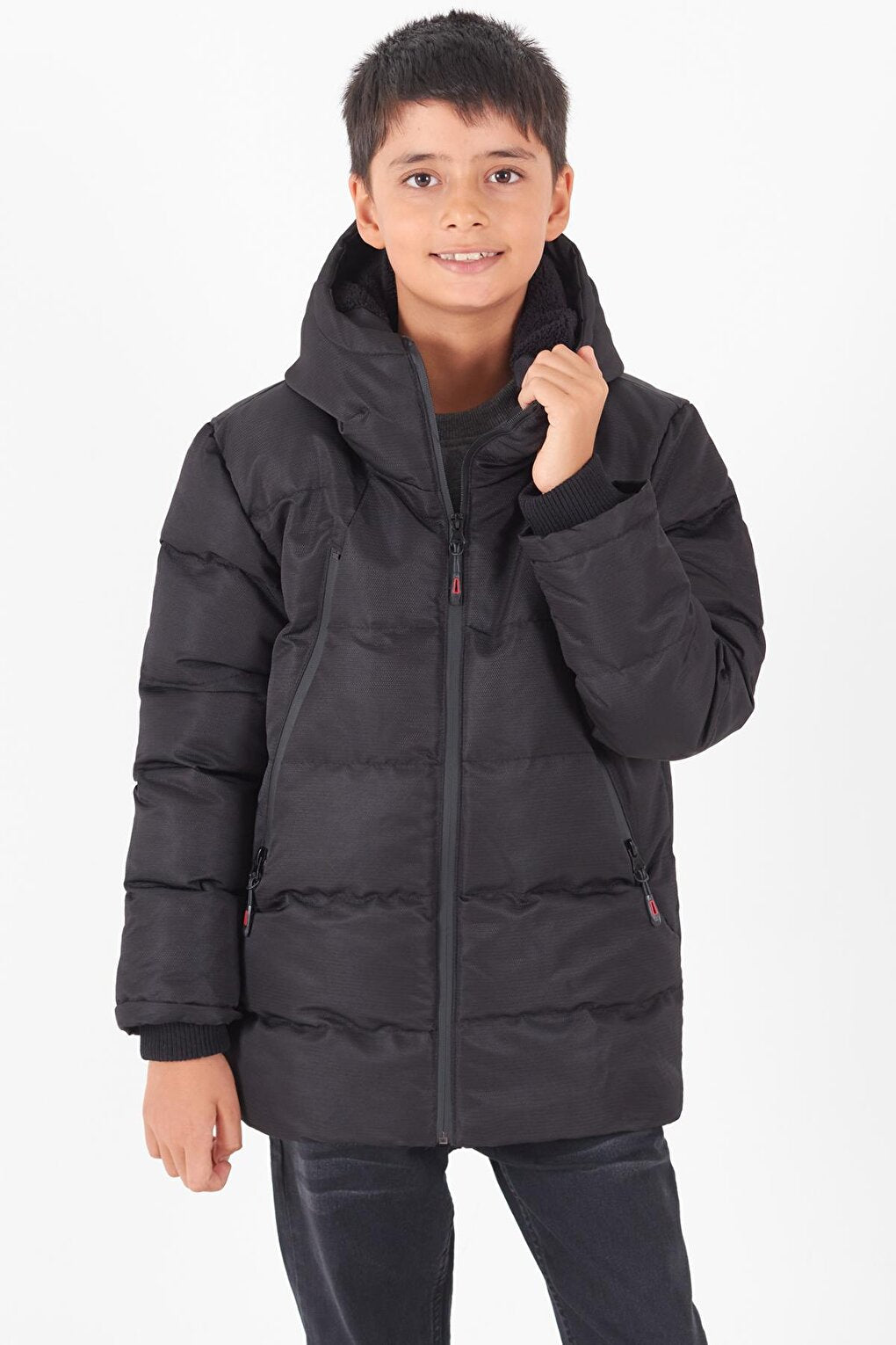 Boy's Coat Black Zippered Hooded Puffer Coat 14536