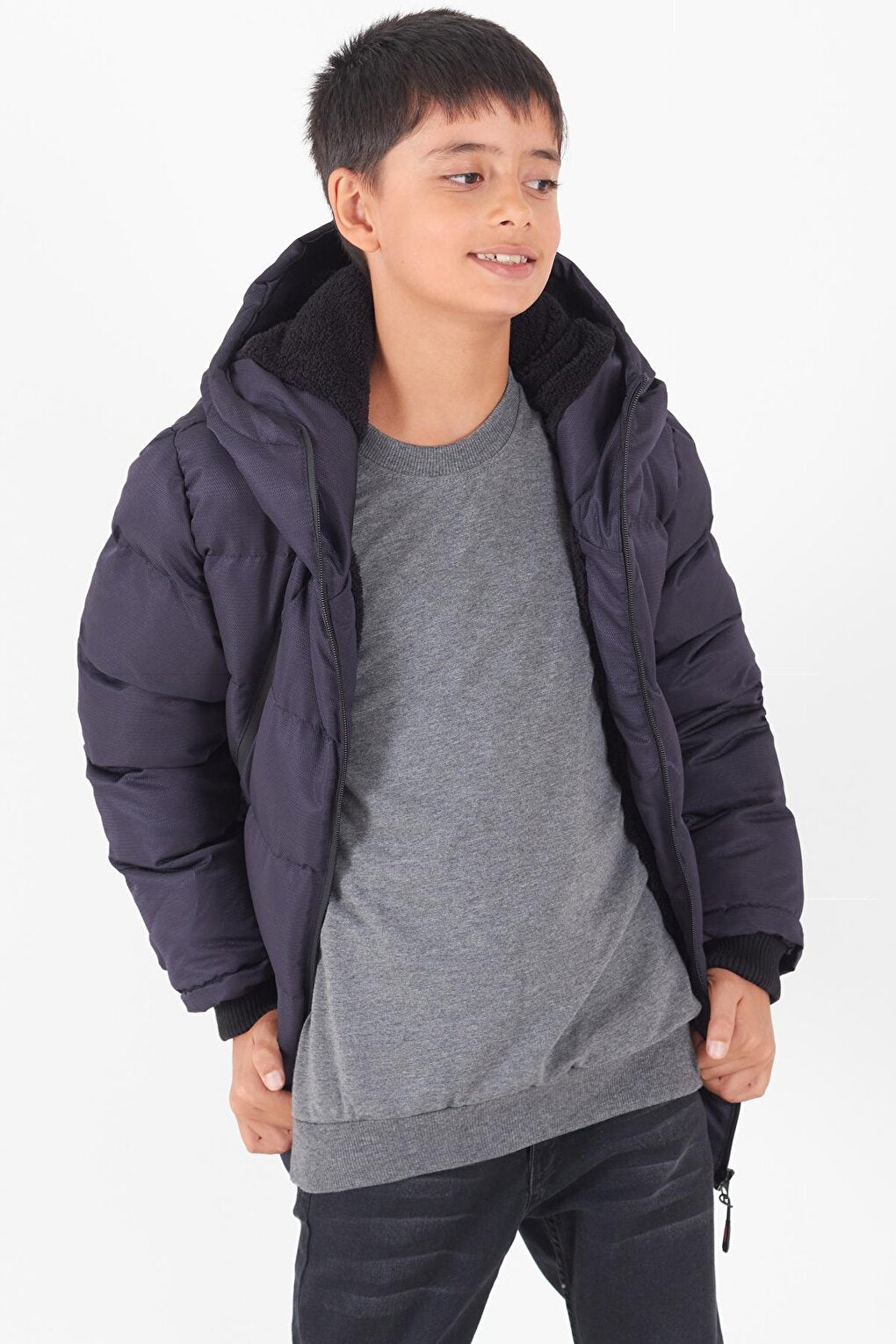 Boy's Coat Black Zippered Hooded Puffer Coat 14536