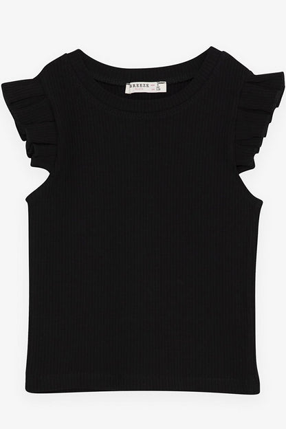 Girl's Crop T-Shirt with Frilly Sleeves Black (Ages 8-14)