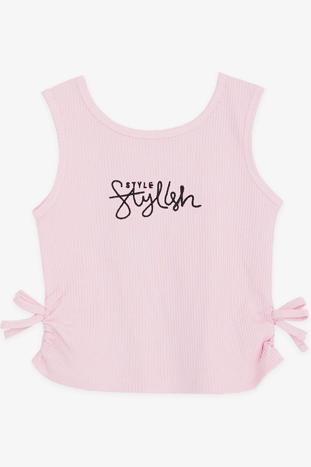 Girl's Strap T-Shirt Pink with Text Embroidery and Bows on the Sides (Ages 8-14)