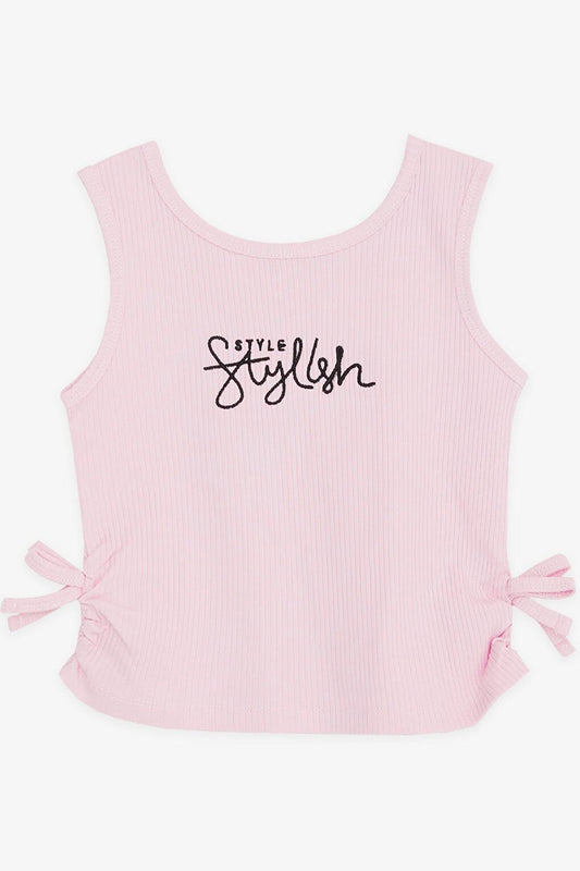 Girl's Strap T-Shirt Pink with Text Embroidery and Bows on the Sides (Ages 8-14)