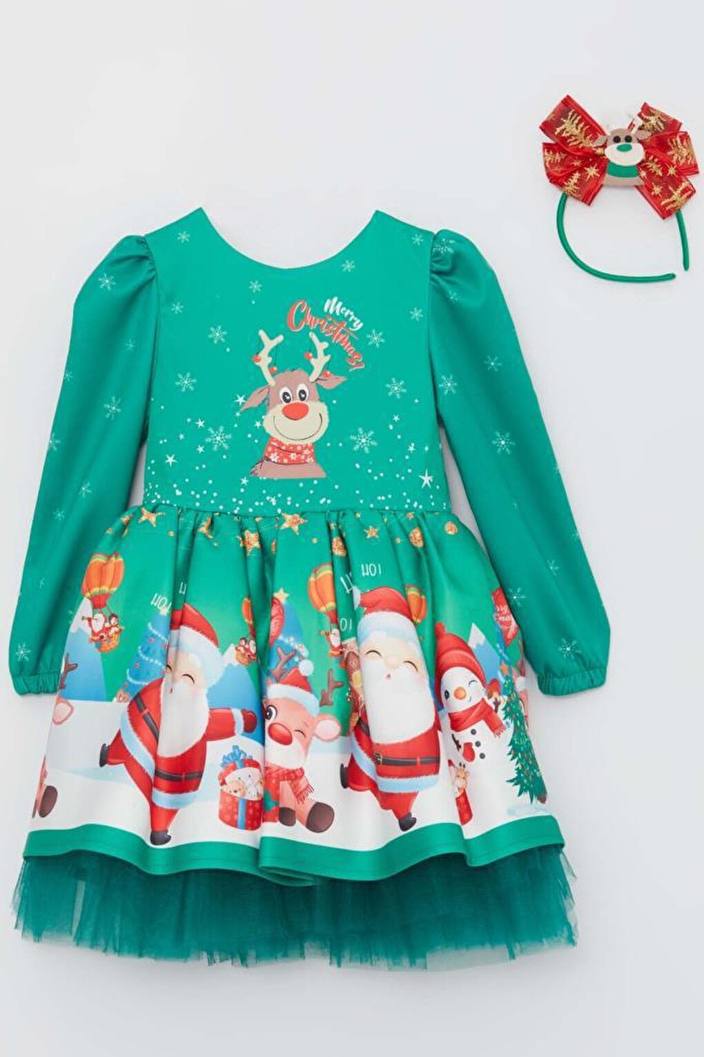 Girl's New Year Printed Deer Crown Tulle Green Dress 2-8 Years