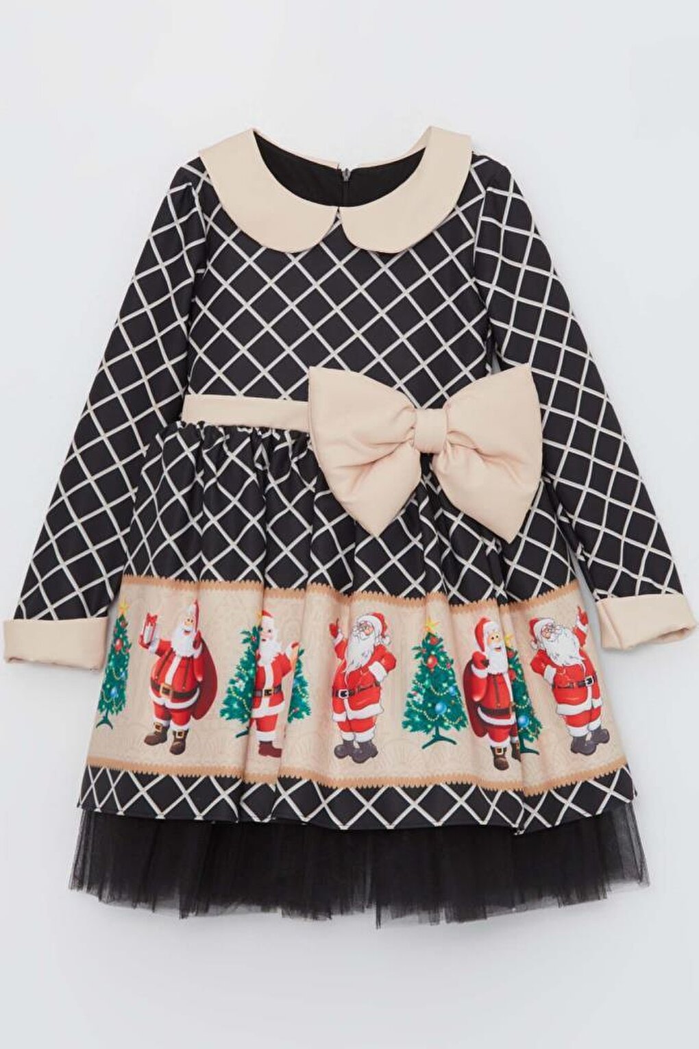 Girl's Baby Collar New Year Printed Checkered Black Dress