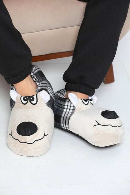 Angry Dog Figure Silent Sole Thermal Women's Slippers Cream