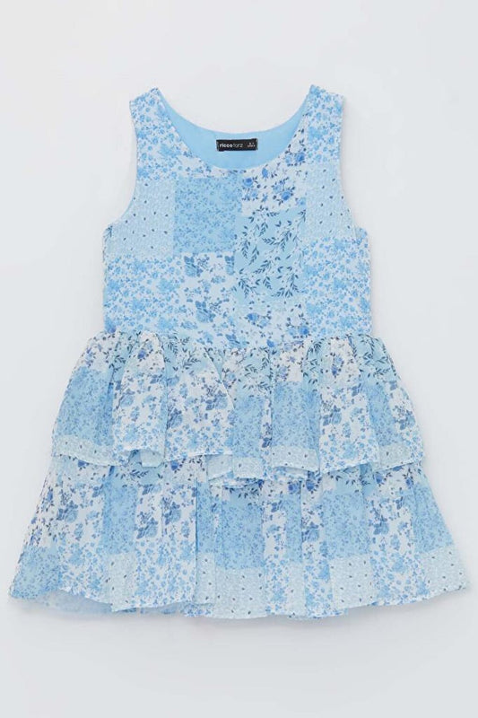 Girl's Flower Printed Skirt, Layer Tulle, Zero Sleeve Blue Dress