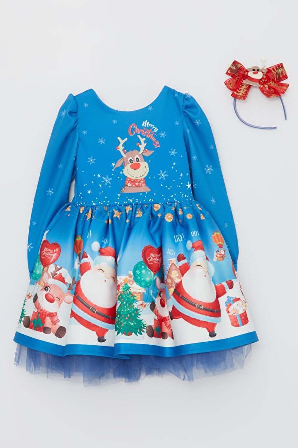 Girl's Christmas Printed Deer Crown Tulle Blue Dress 2-8 Years