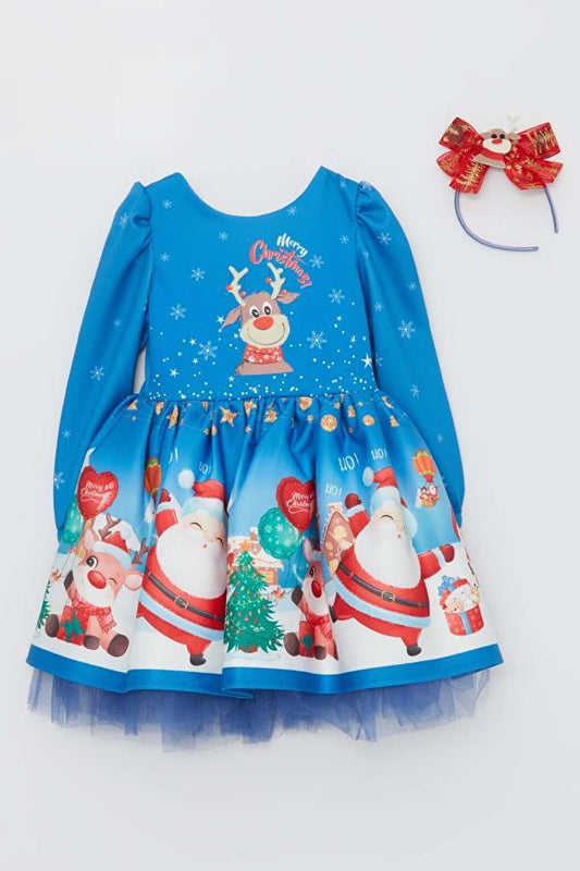 Girl's New Year Printed Deer Crown Tulle Blue Dress 2-8 Years