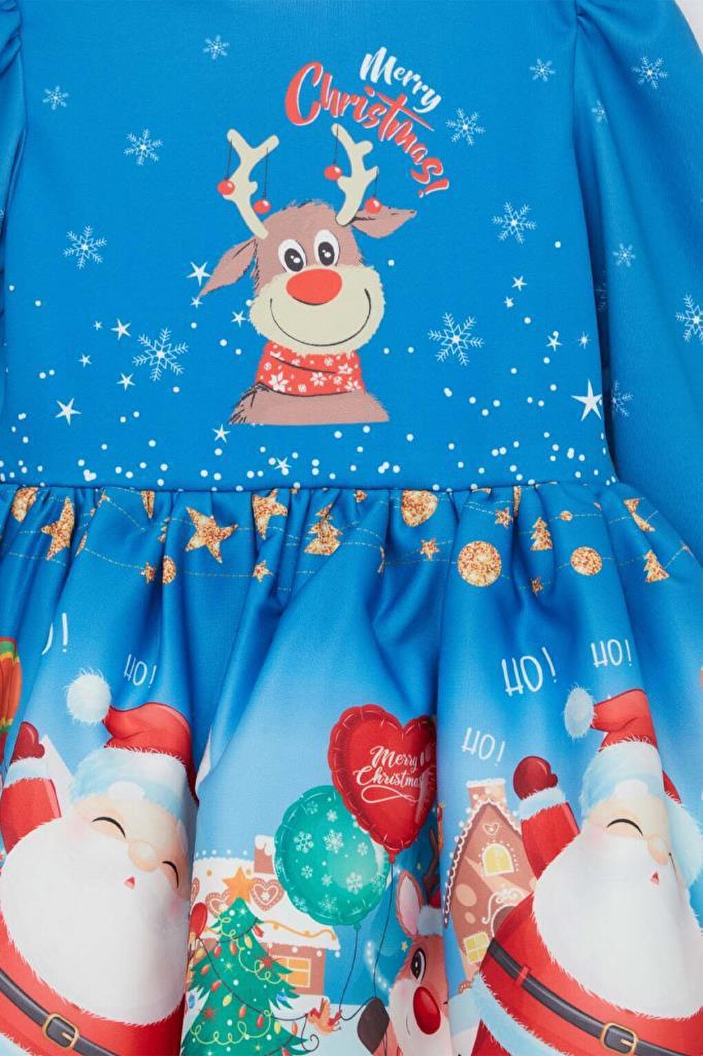 Girl's Christmas Printed Deer Crown Tulle Blue Dress 2-8 Years