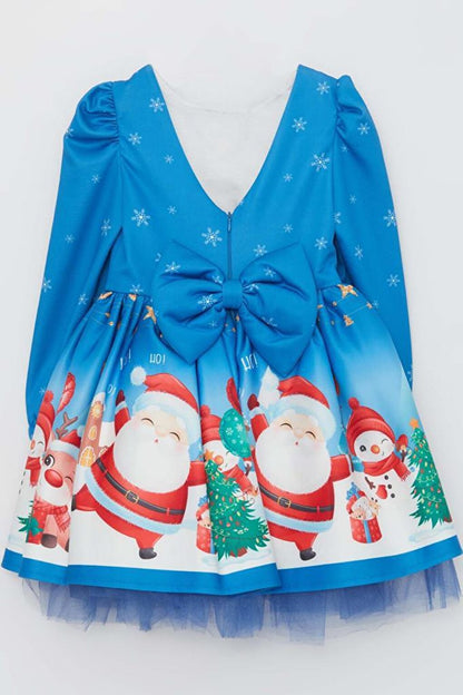 Girl's Christmas Printed Deer Crown Tulle Blue Dress 2-8 Years