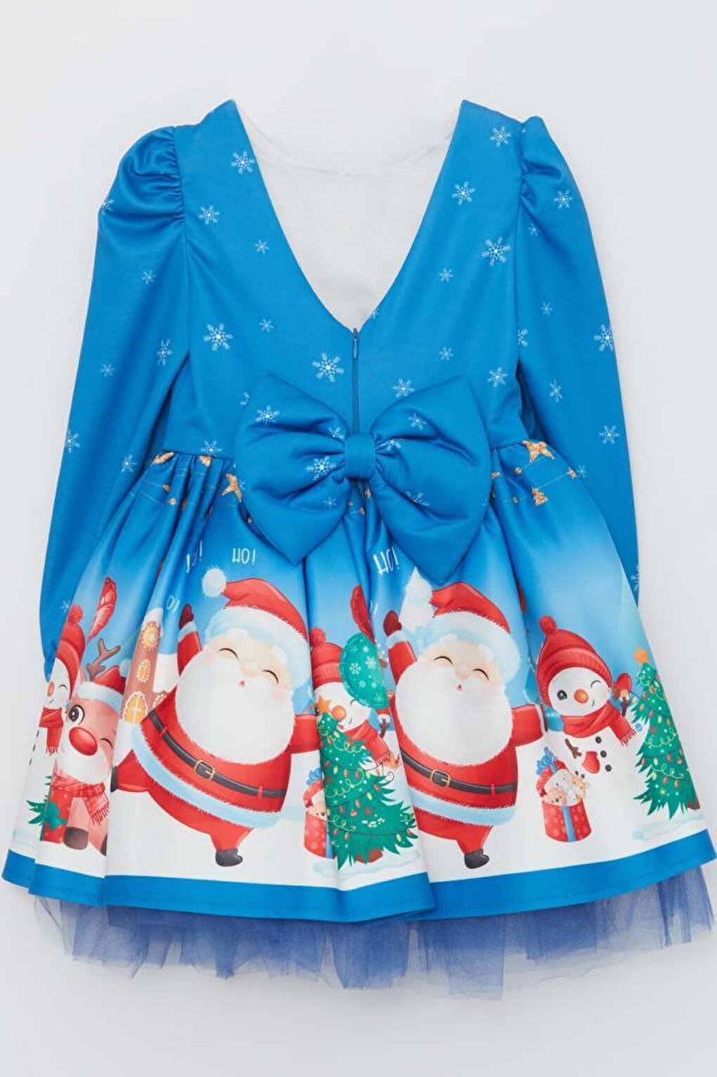 Girl's New Year Printed Deer Crown Tulle Blue Dress 2-8 Years