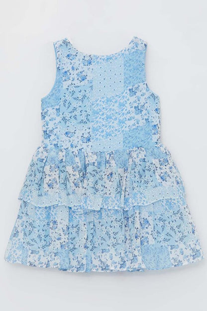 Girl's Flower Printed Skirt, Layer Tulle, Zero Sleeve Blue Dress