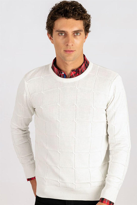 Slim Fit Crew Neck Square Patterned Men's Sweater