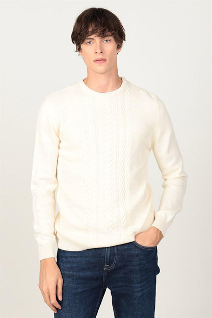 Slim Fit Crew Neck Front Patterned Men's Sweater