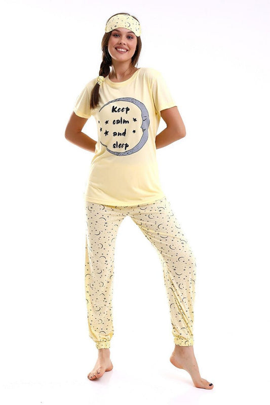 Keep Calm Printed Women's Short Sleeve Pajama Set with Sleep Tape