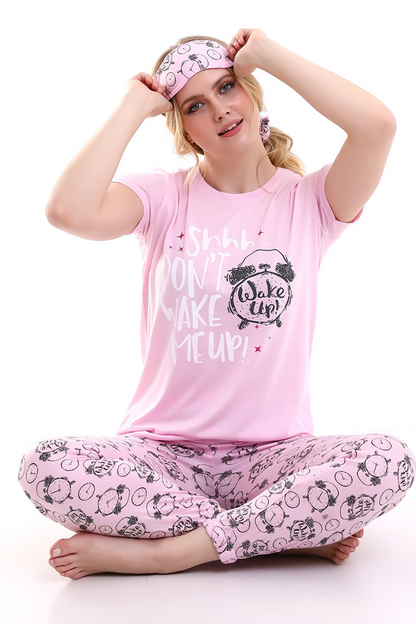 Pink Sleep Banded Wake Up Printed Women's Short Sleeve Pajama Set