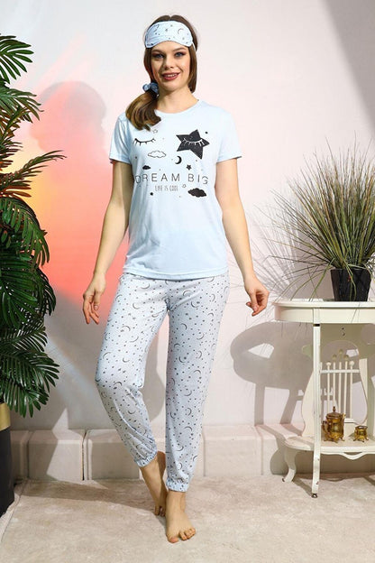 Dream Big Printed Women's Short Sleeve Pajama Set with Sleep Band