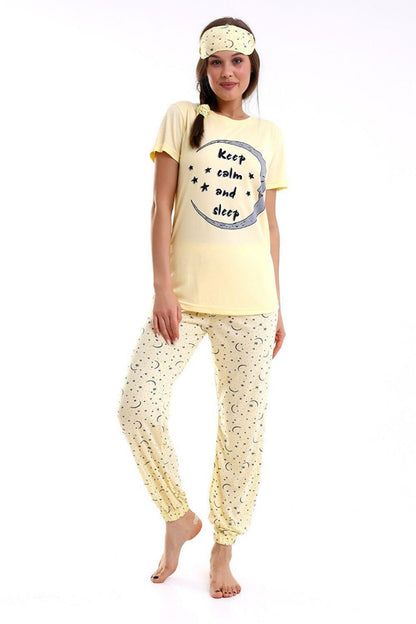 Keep Calm Printed Women's Short Sleeve Pajama Set with Sleep Tape