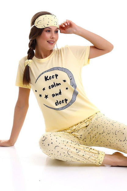 Keep Calm Printed Women's Short Sleeve Pajama Set with Sleep Tape