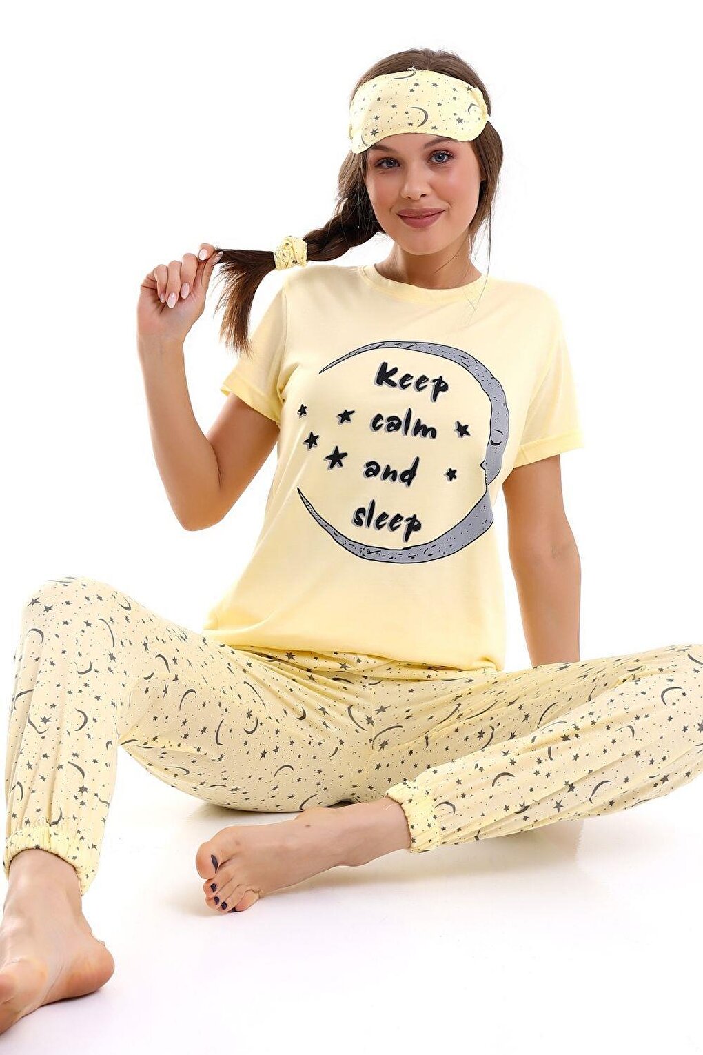 Keep Calm Printed Women's Short Sleeve Pajama Set with Sleep Tape