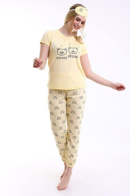 Yellow Sleep Striped Sweat Dream Printed Women's Short Sleeve Pajama Set