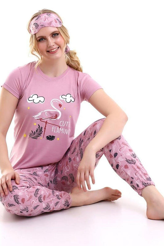 Pink Sleep Band Flamingo Printed Women's Short Sleeve Pajama Set