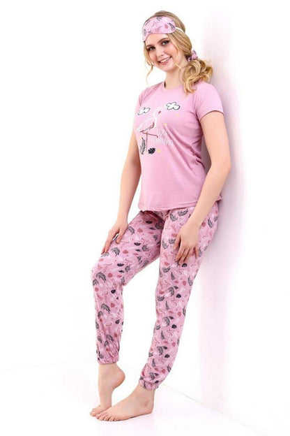 Pink Sleep Band Flamingo Printed Women's Short Sleeve Pajama Set