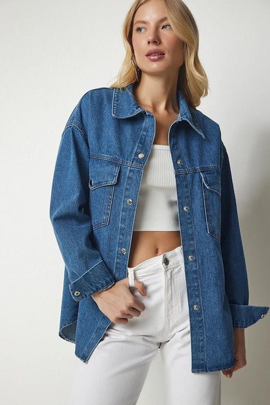 Women's Blue Snap Button Double Pocket Denim Jacket