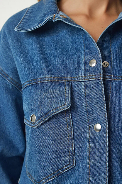 Women's Blue Snap Button Double Pocket Denim Jacket