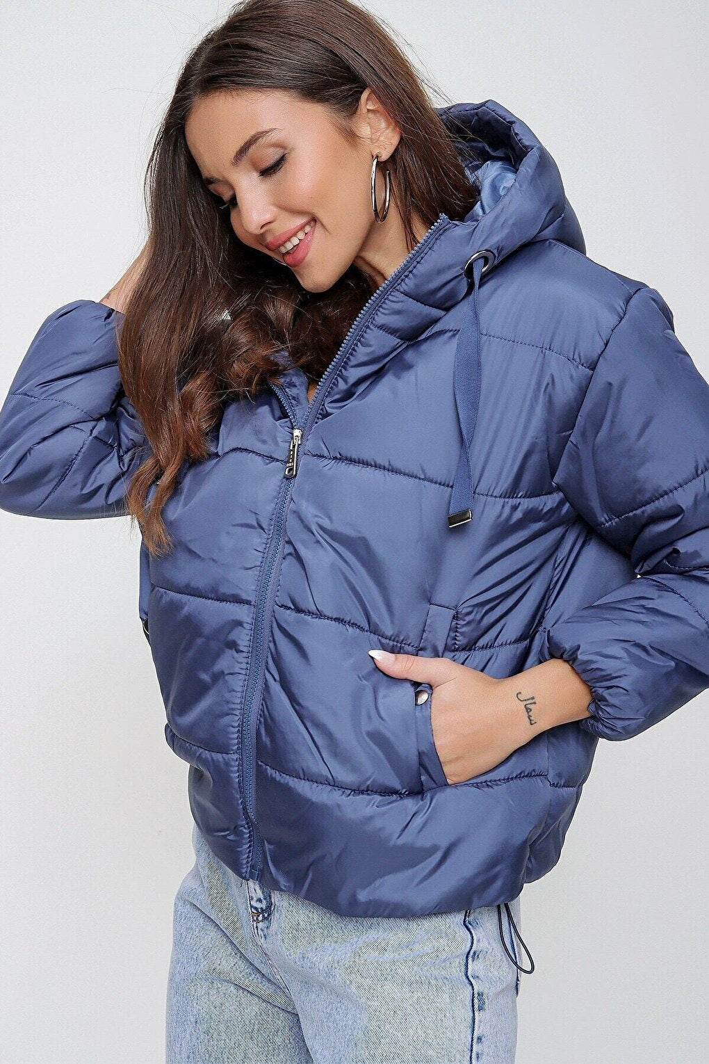 Women's Indigo Hooded Waist Drawstring Puffer Coat HZL22W-BD151171