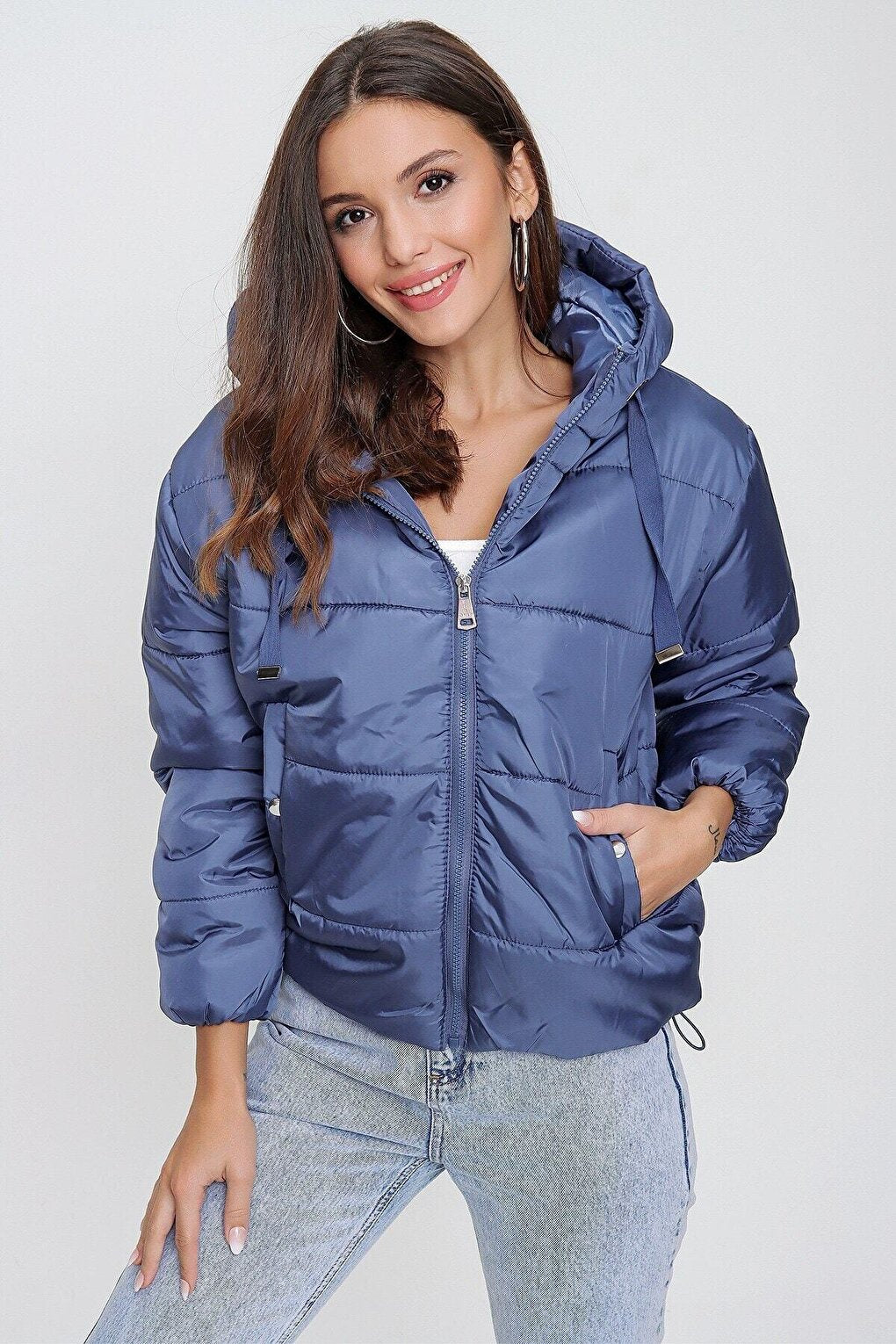 Women's Indigo Hooded Waist Drawstring Puffer Coat HZL22W-BD151171